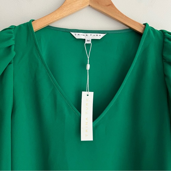 Trina Turk Vibrant Green Balloon Sleeves V-Neck Blouse Medium - Picture 3 of 10